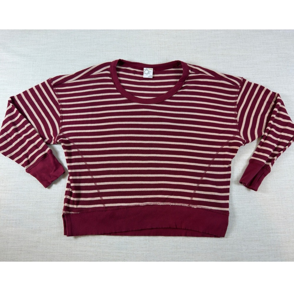OFFLINE by Aerie Waffle Knit Striped Sweatshirt Burgundy Cream Crew Neck Medium